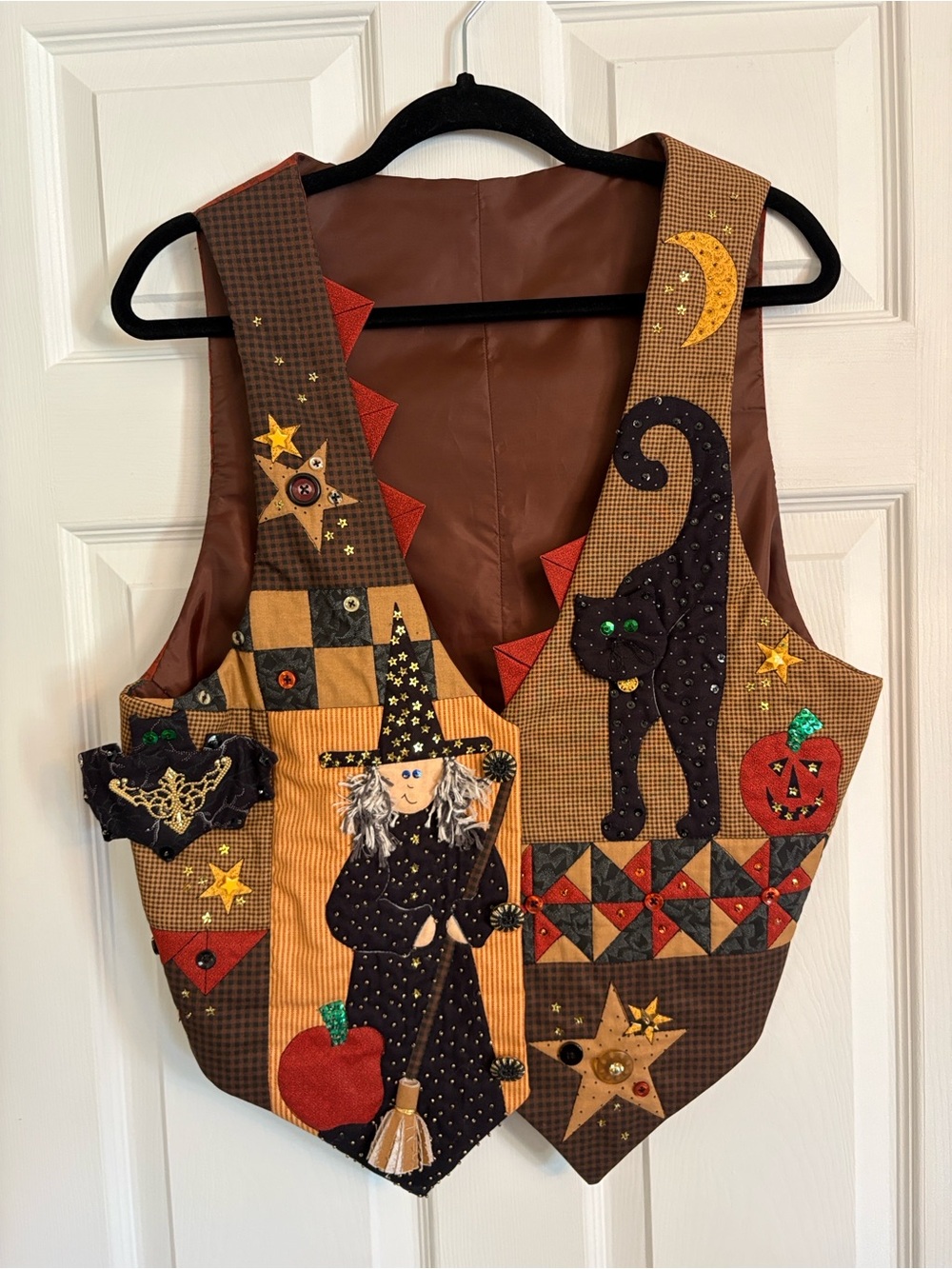Handmade Vintage Halloween Vest - Brown with Witch & Cat